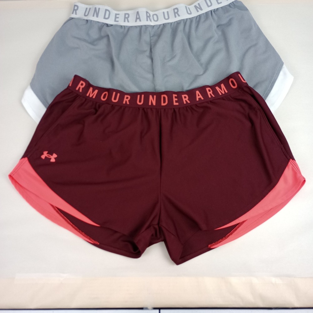 Under Armour Womens L Gray Maroon Gym Running Training Play Up Shorts 2 Pack